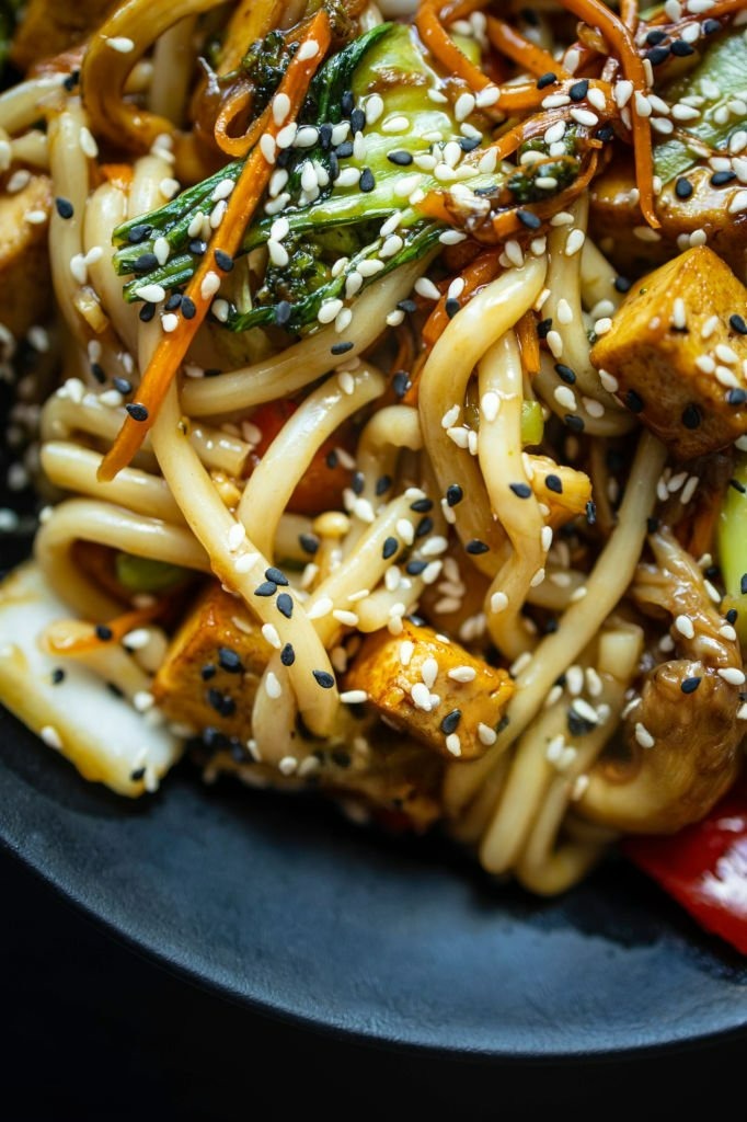Tofu Stir Fry with Garlic Sesame Sauce & Noodles