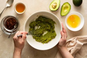 Avocado healthy chocolate brownie gluten and sugar free. Step by step recipe. Cooking healthy dessert at home. Top view.