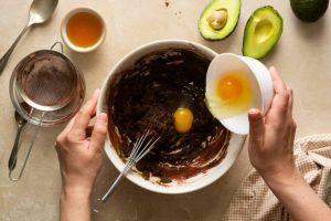 Avocado healthy chocolate brownie gluten and sugar free. Step by step recipe. Cooking healthy dessert at home. Top view.