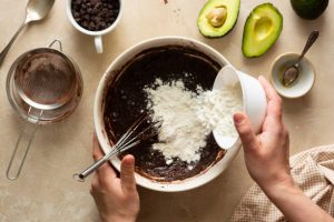 Avocado healthy chocolate brownie gluten and sugar free. Step by step recipe. Cooking healthy dessert at home. Top view.