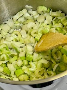 Celery and onion in pot on stove for soup, soup starters